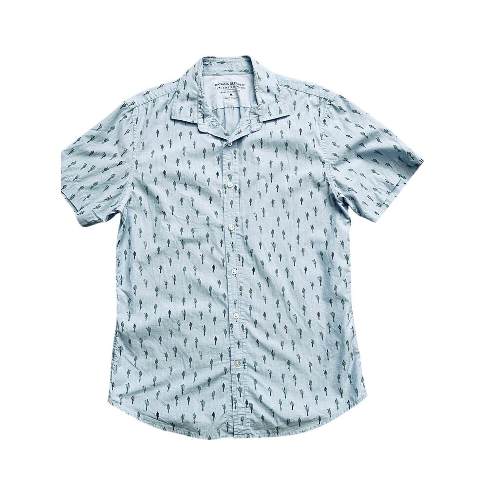 Desert Western Cactus Print Shirt Banana Republic Grant Slim Fit Blue Medium